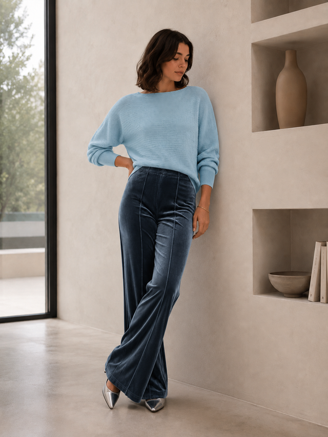 VELVET SLIM PANTS- SILVER BLUE
