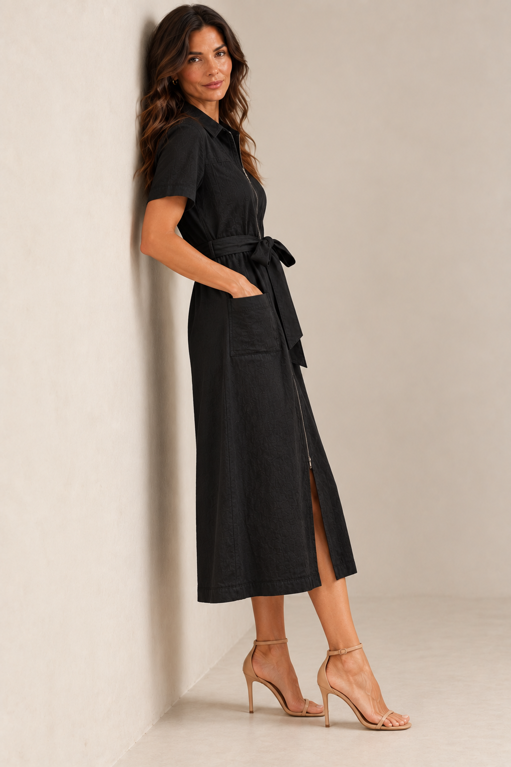 Rayon Zip Front Midi Dress