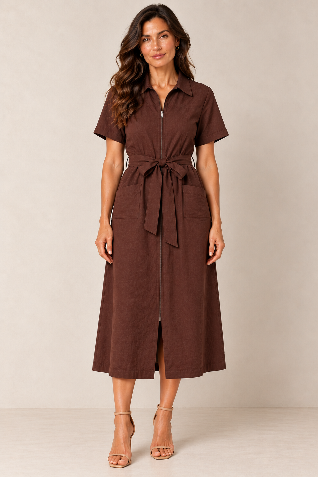 Rayon Zip Front Midi Dress
