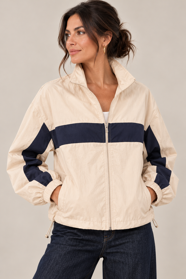 Colour Block Funnel Neck Jacket – Cream/Navy