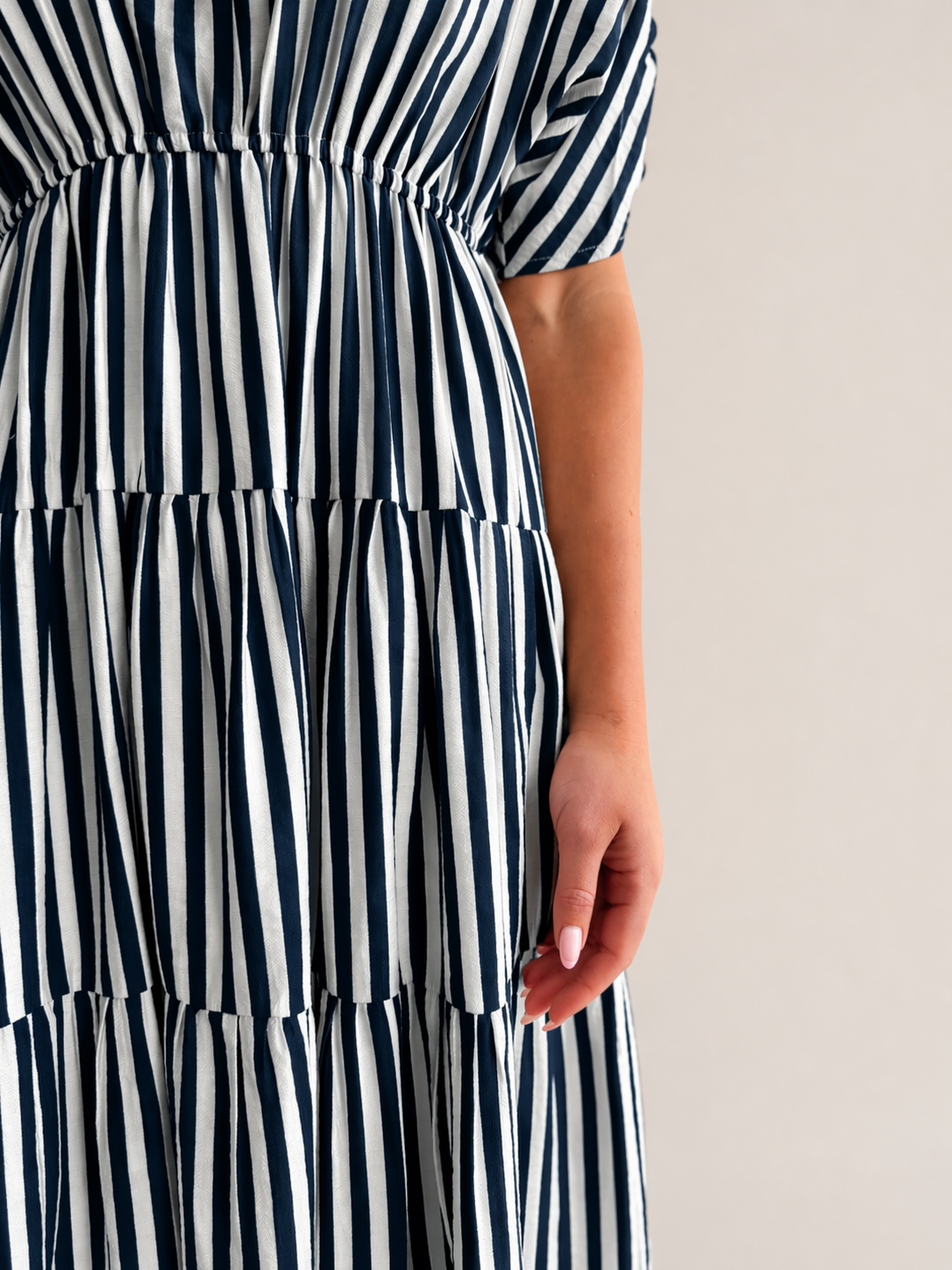 Navy & White Stripe Tiered Midi Dress