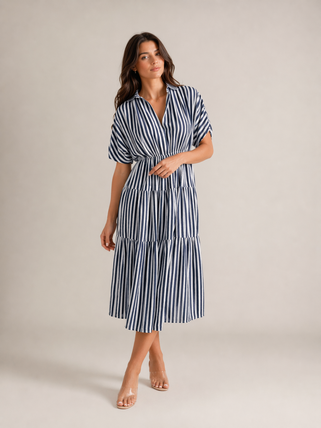 Navy & White Stripe Tiered Midi Dress