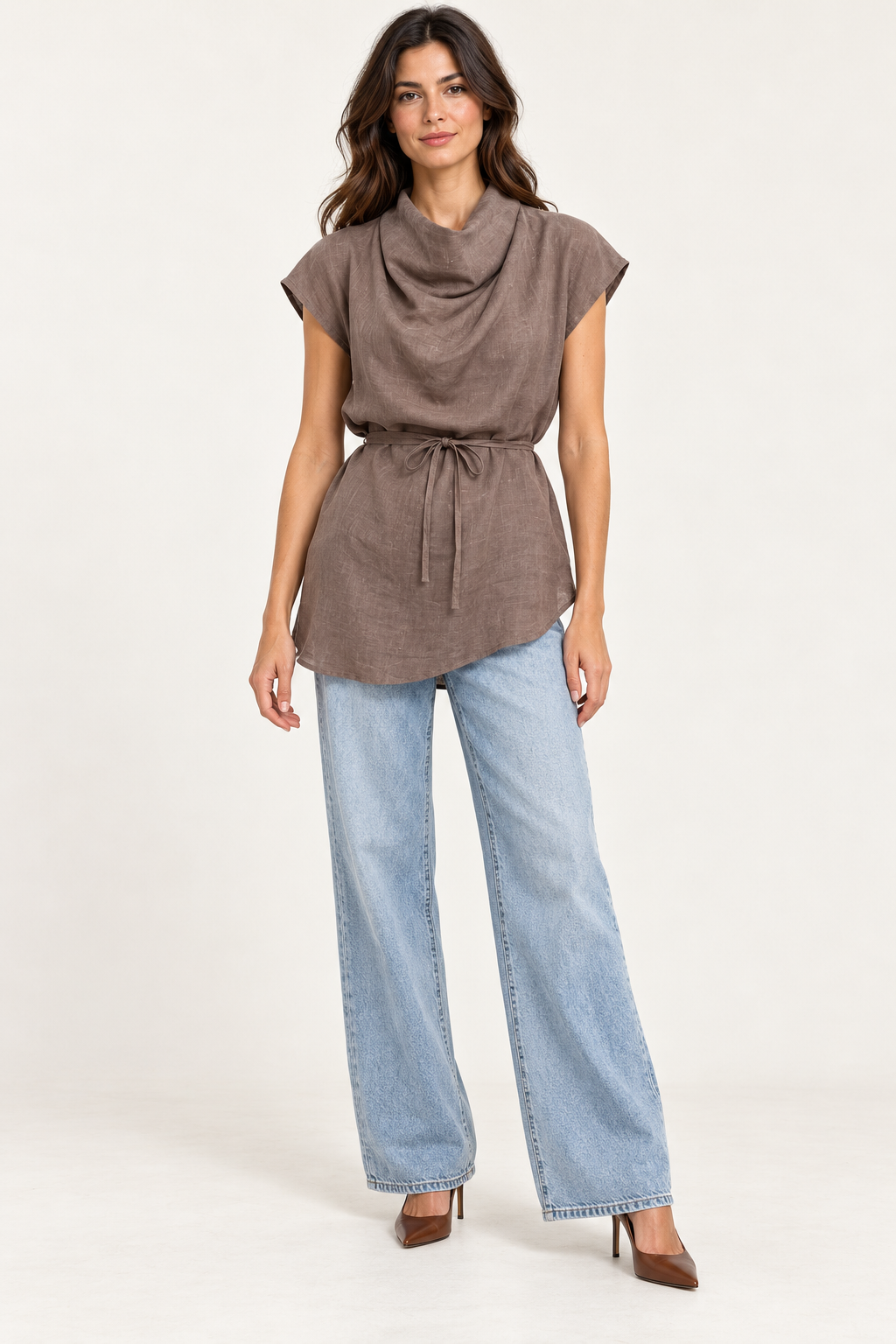Sheer Linen Cowl Neck Top