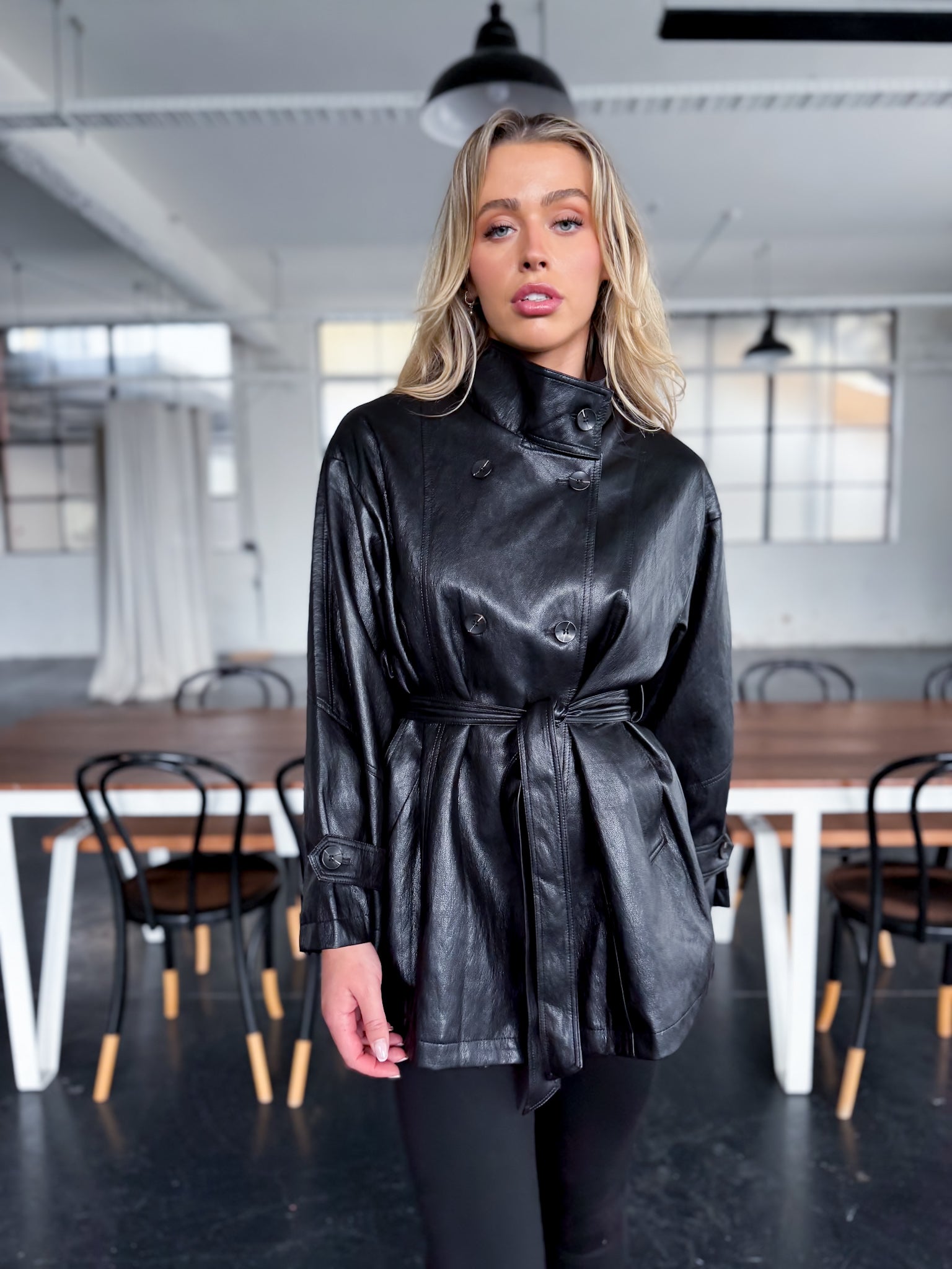 FUNNEL NECK PLEATHER JACKET
