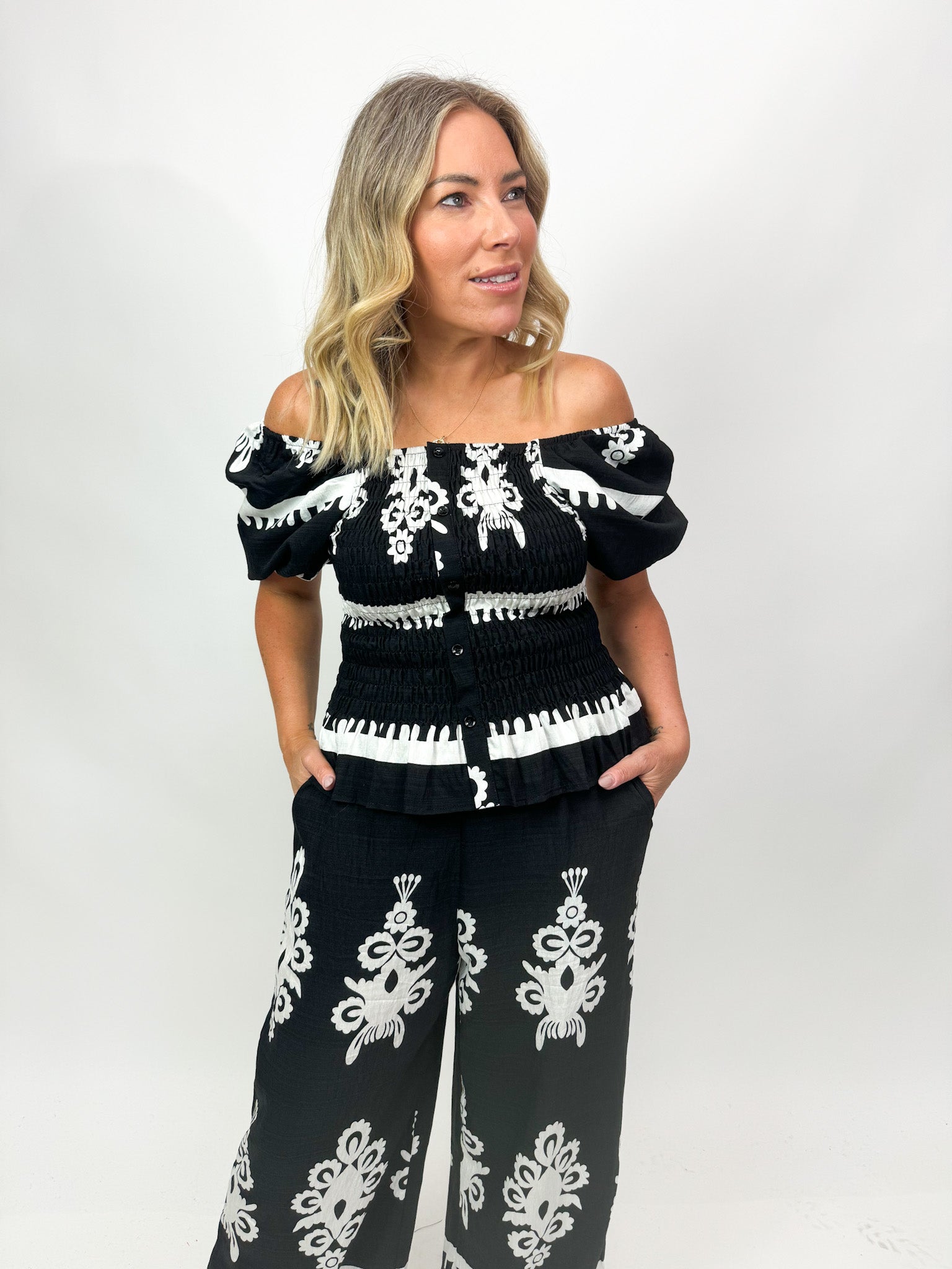 CELESTE PRINT SHIRRED TOP