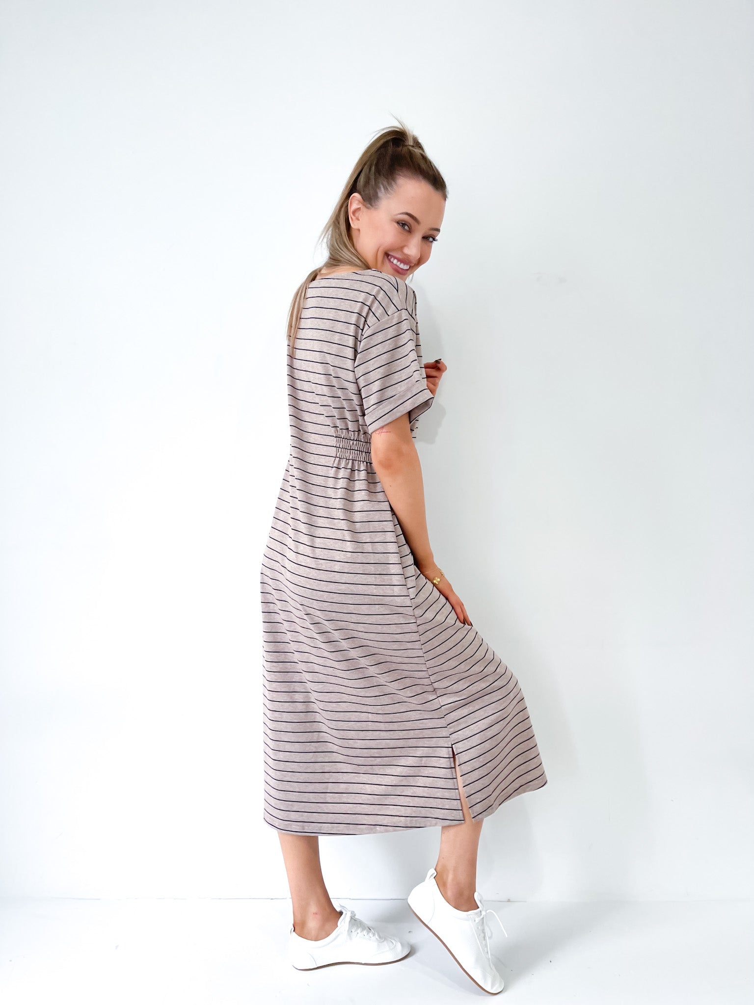 STRIPE JERSEY MIDI DRESS