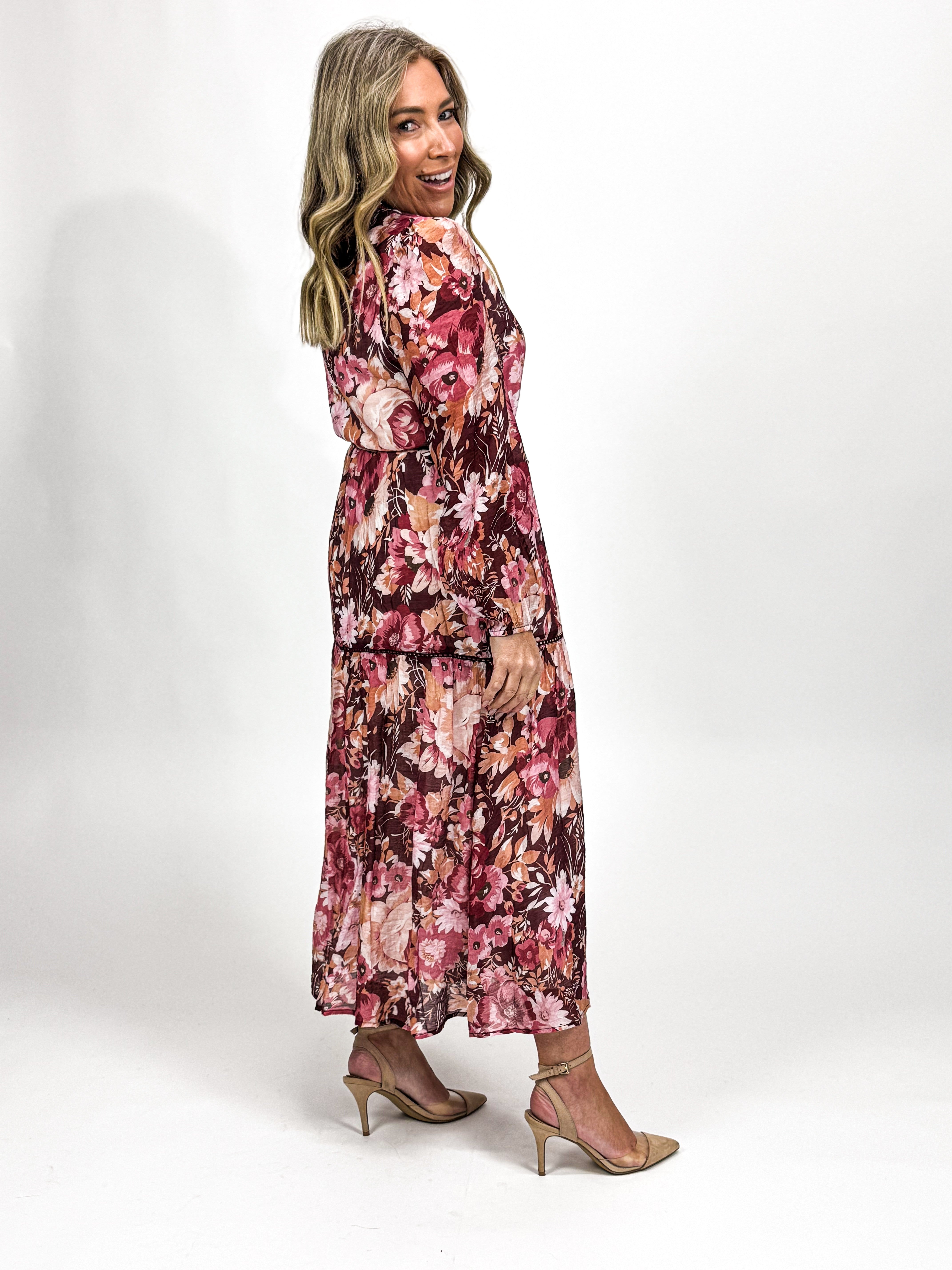 BERRY FLORAL TIERED DRESS
