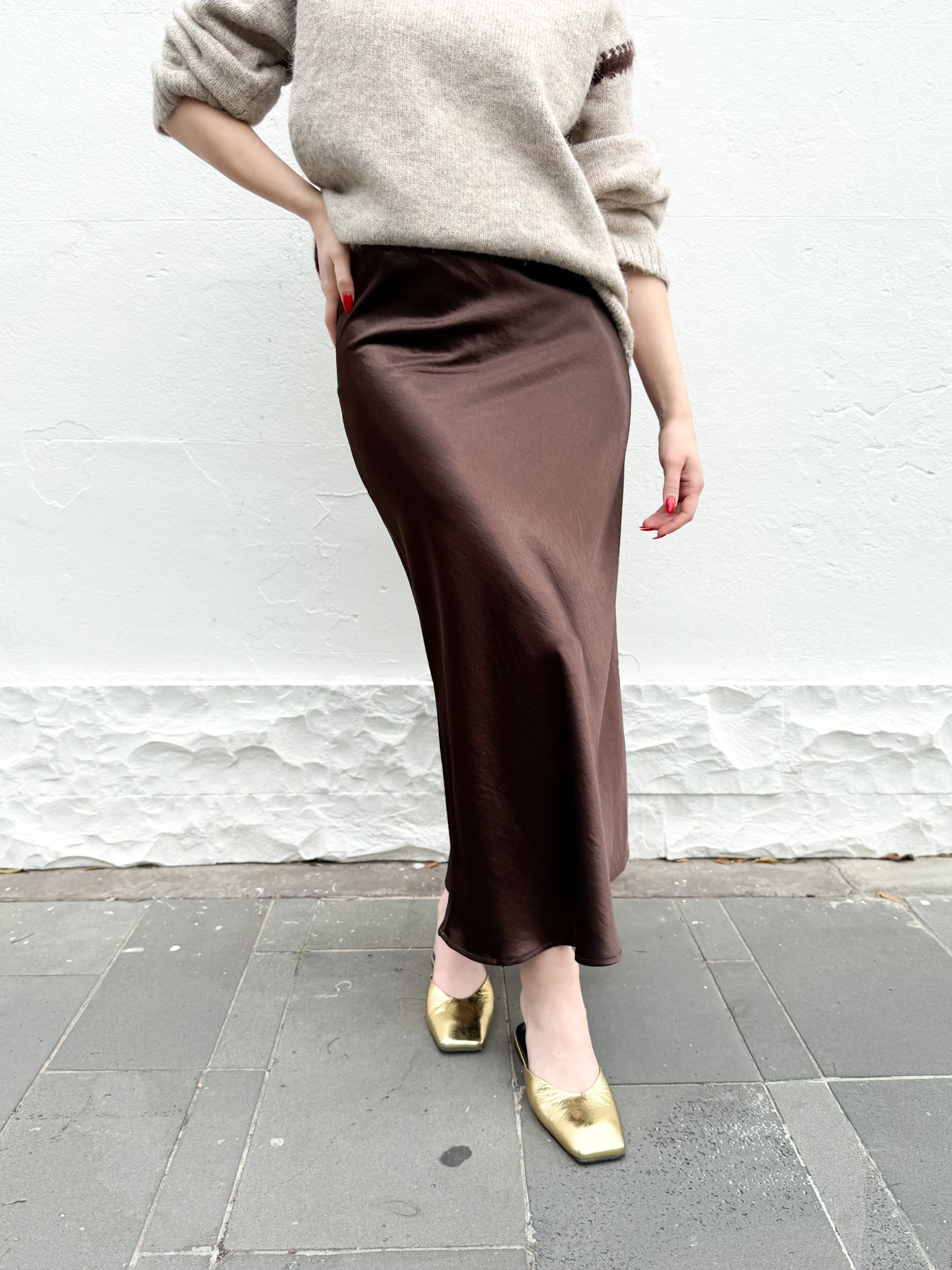 SATIN BIAS SKIRT- CHOCOLATE