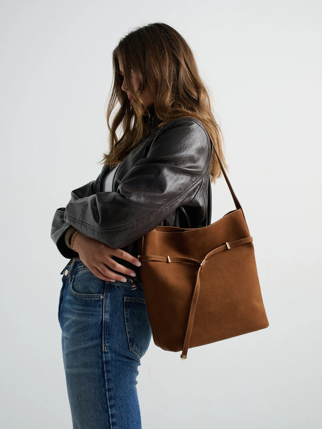 Leonie Belt Bucket Bag in Tan Suede