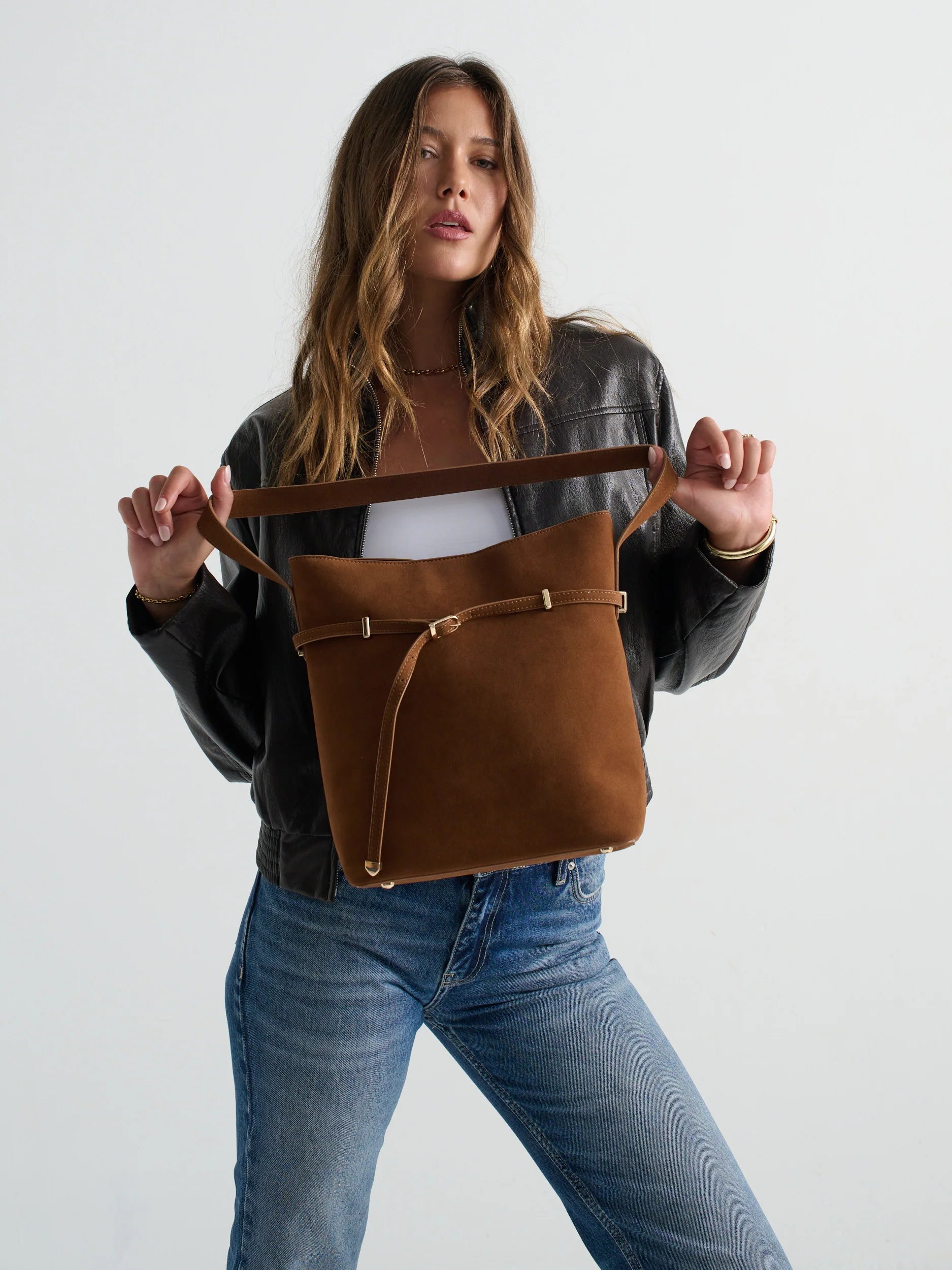 Leonie Belt Bucket Bag in Tan Suede