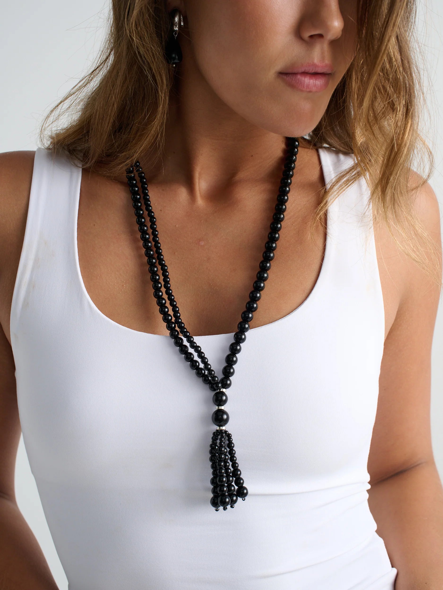 Amee Black Beaded Tassel Necklace