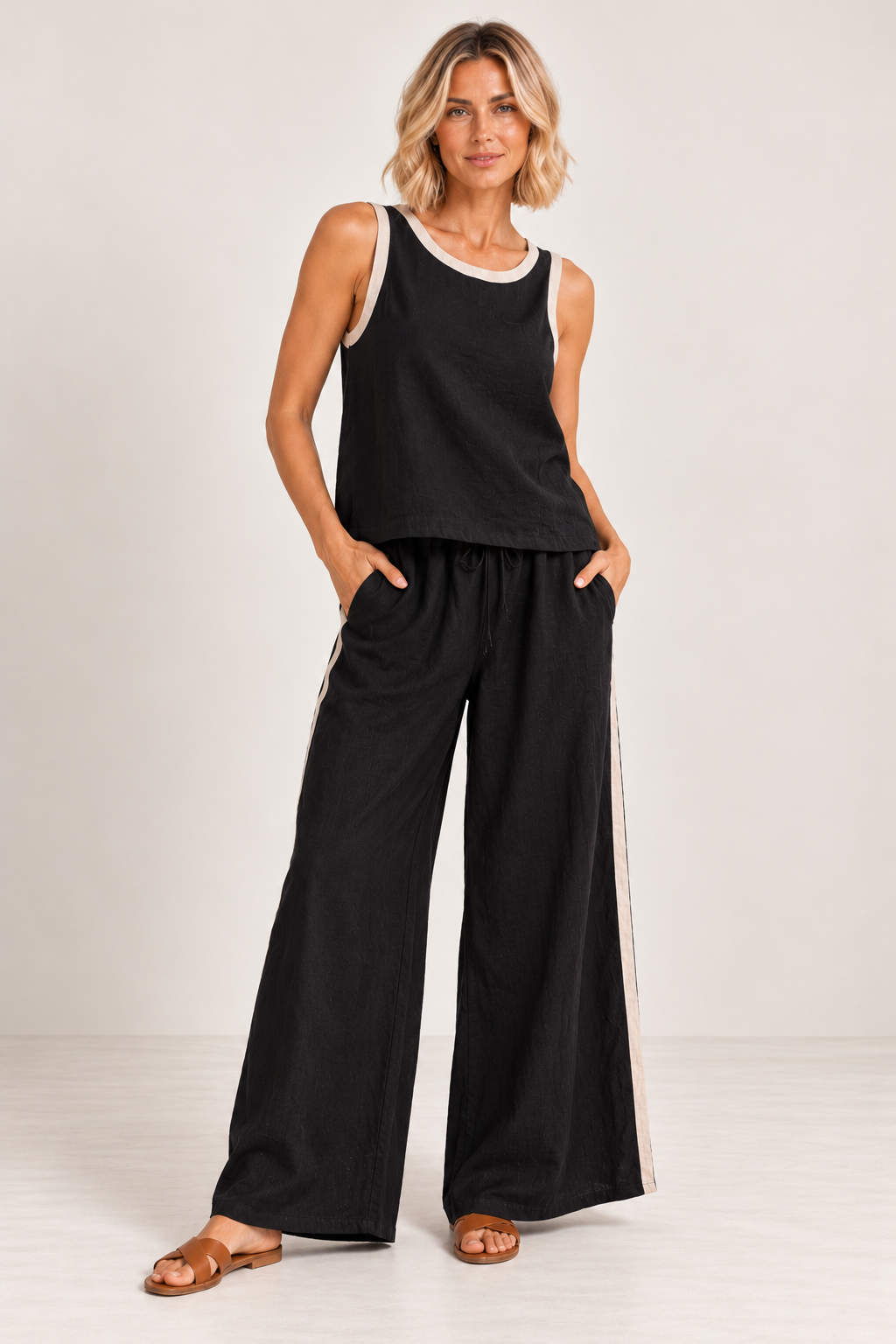 Linen Contrast Wide Leg Pants