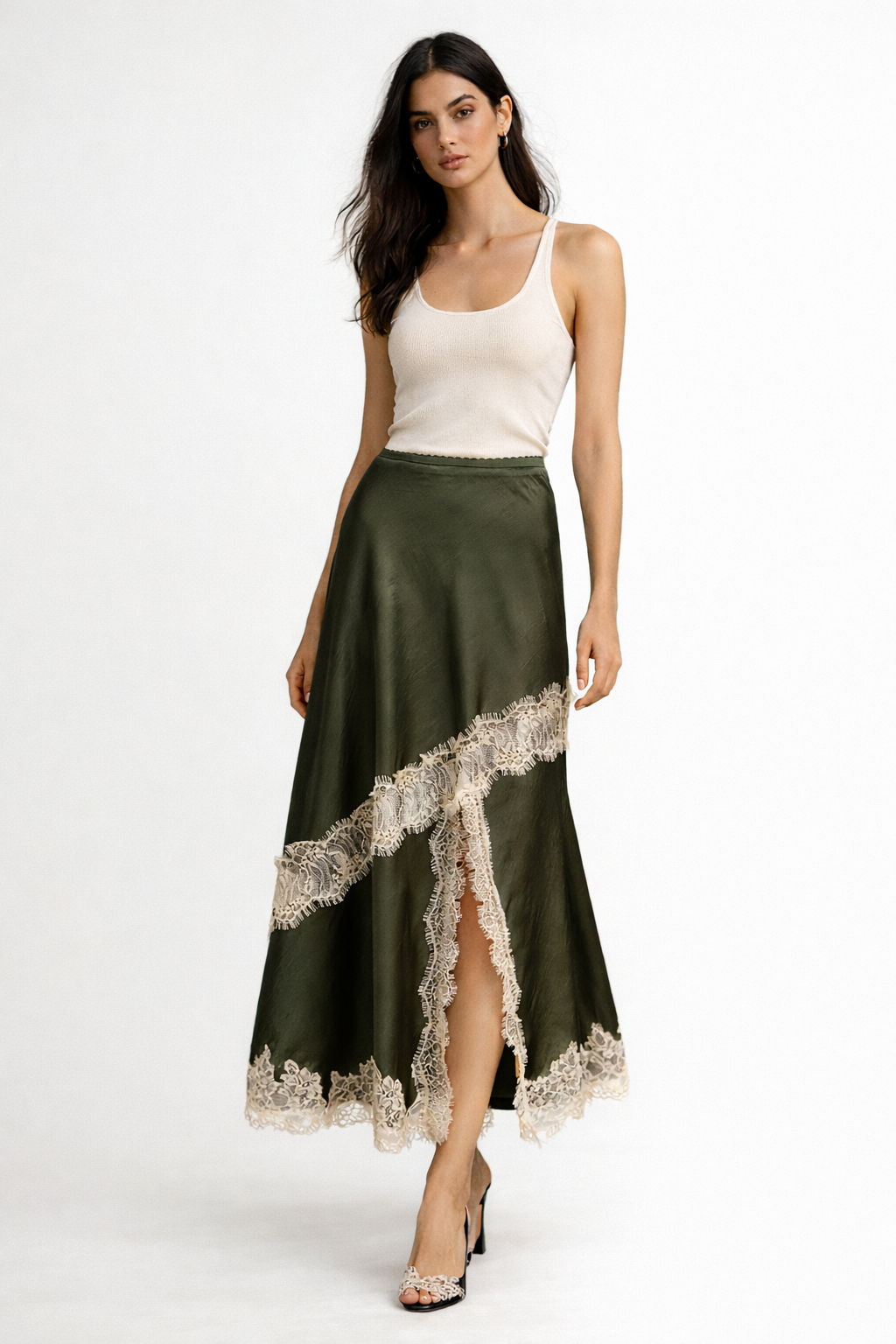 LACE CONTRAST BIAS SATIN SKIRT