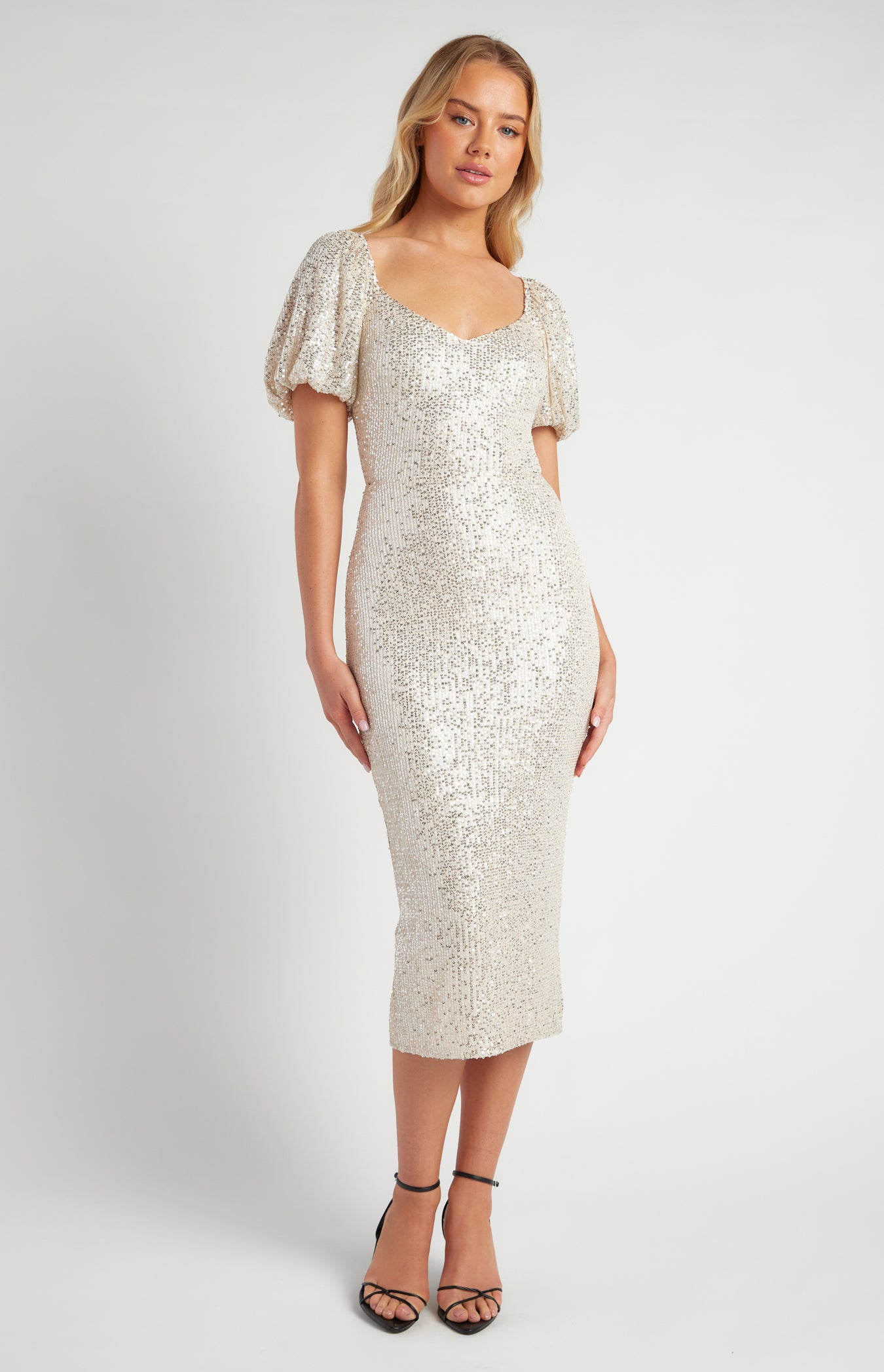 Bubble Sleeve Sequin Midi Dress