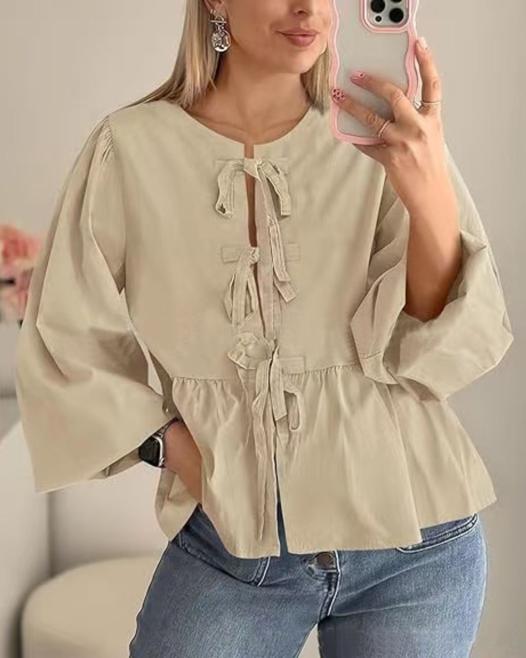 TIE PEPLUM LS BLOUSE