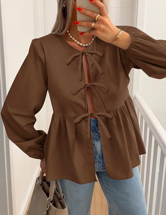 TIE PEPLUM LS BLOUSE