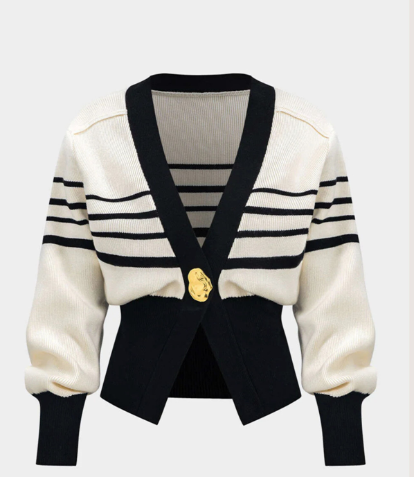 RHODES DEEP V GOLD STATEMENT BUTTON KNIT CARDI