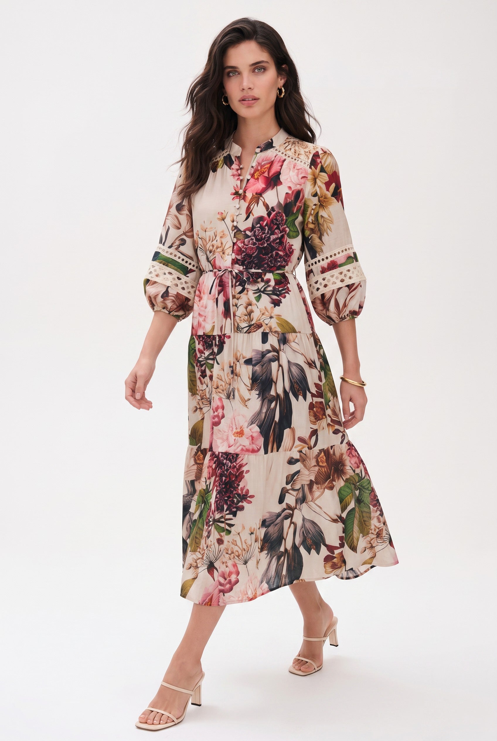 LACE CONTRAST MIDI DRESS - FLORAL