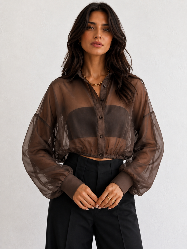 CROP SHEER SHIRT -CHOC