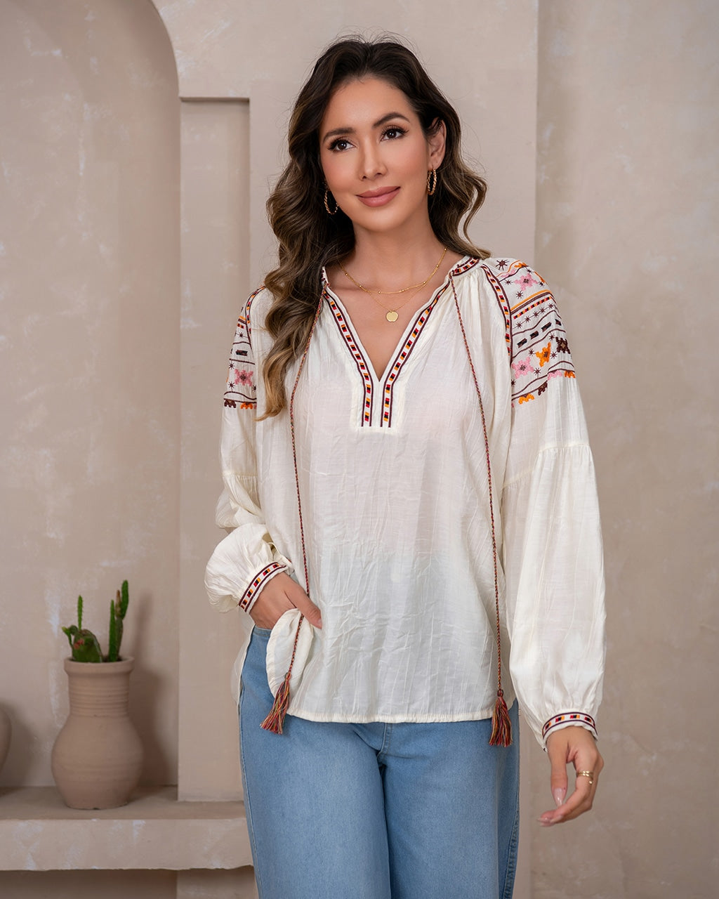 EMBROIDERED TASSEL BLOUSE