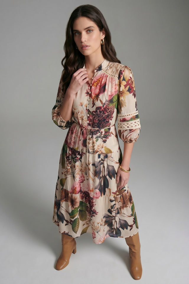 LACE CONTRAST MIDI DRESS - FLORAL