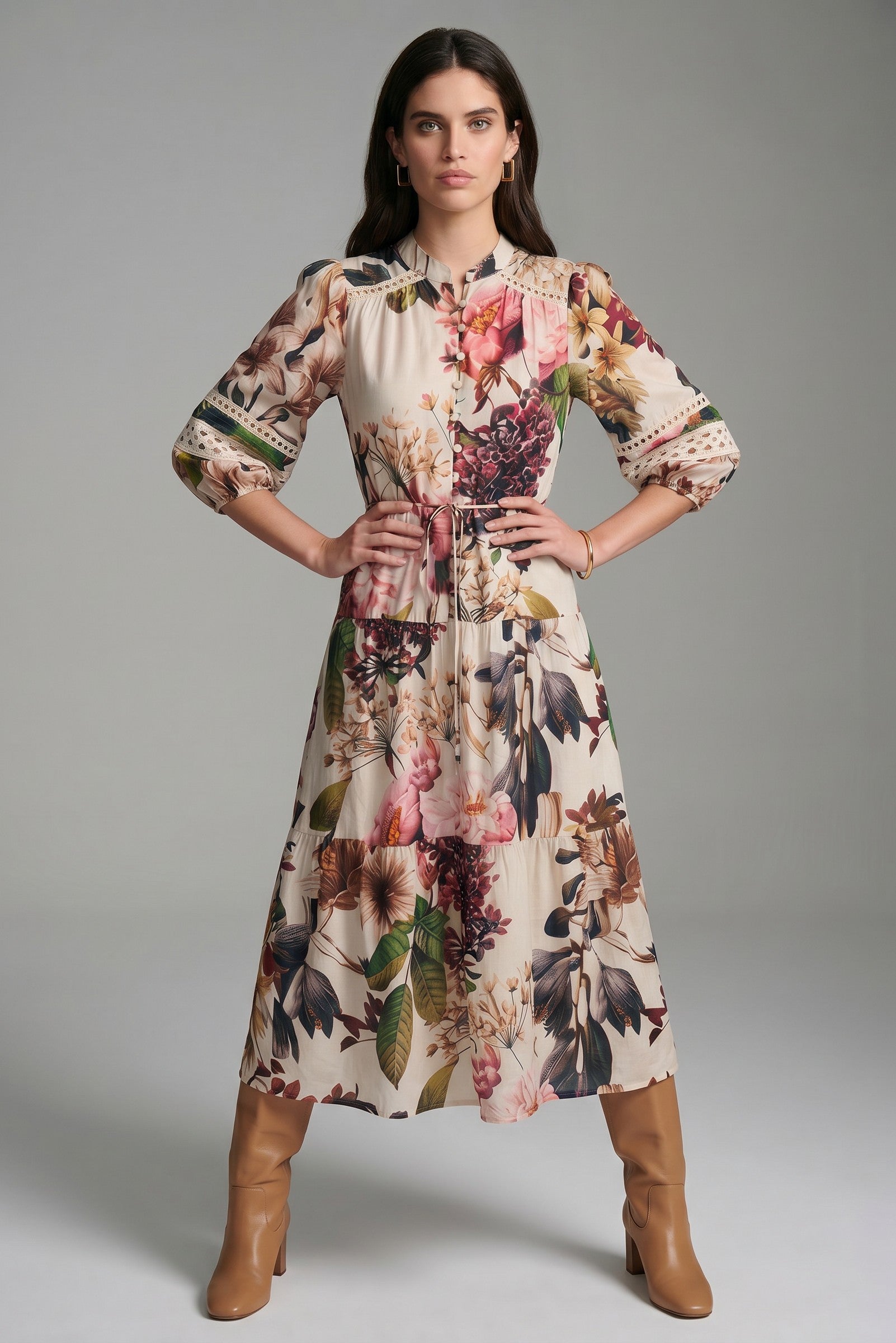 LACE CONTRAST MIDI DRESS - FLORAL