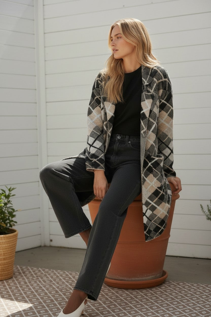 ARGYLE PRINT MIDI CARDIGAN