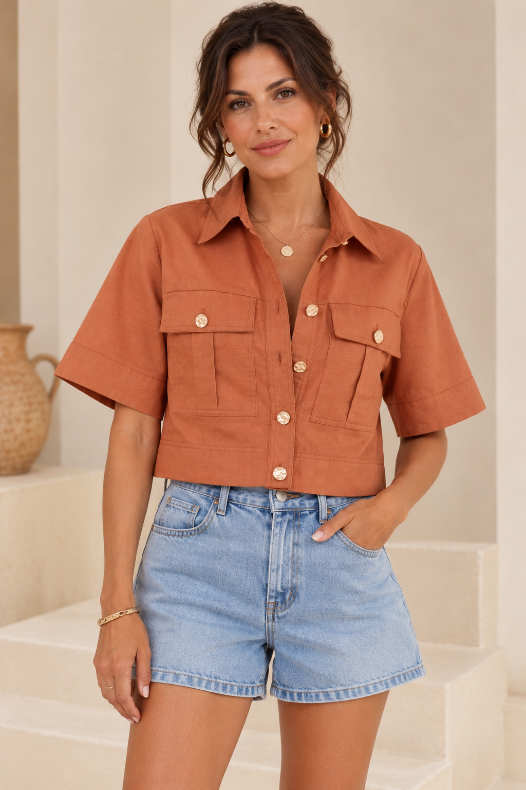 Cotton Linen Cropped Utility Jacket