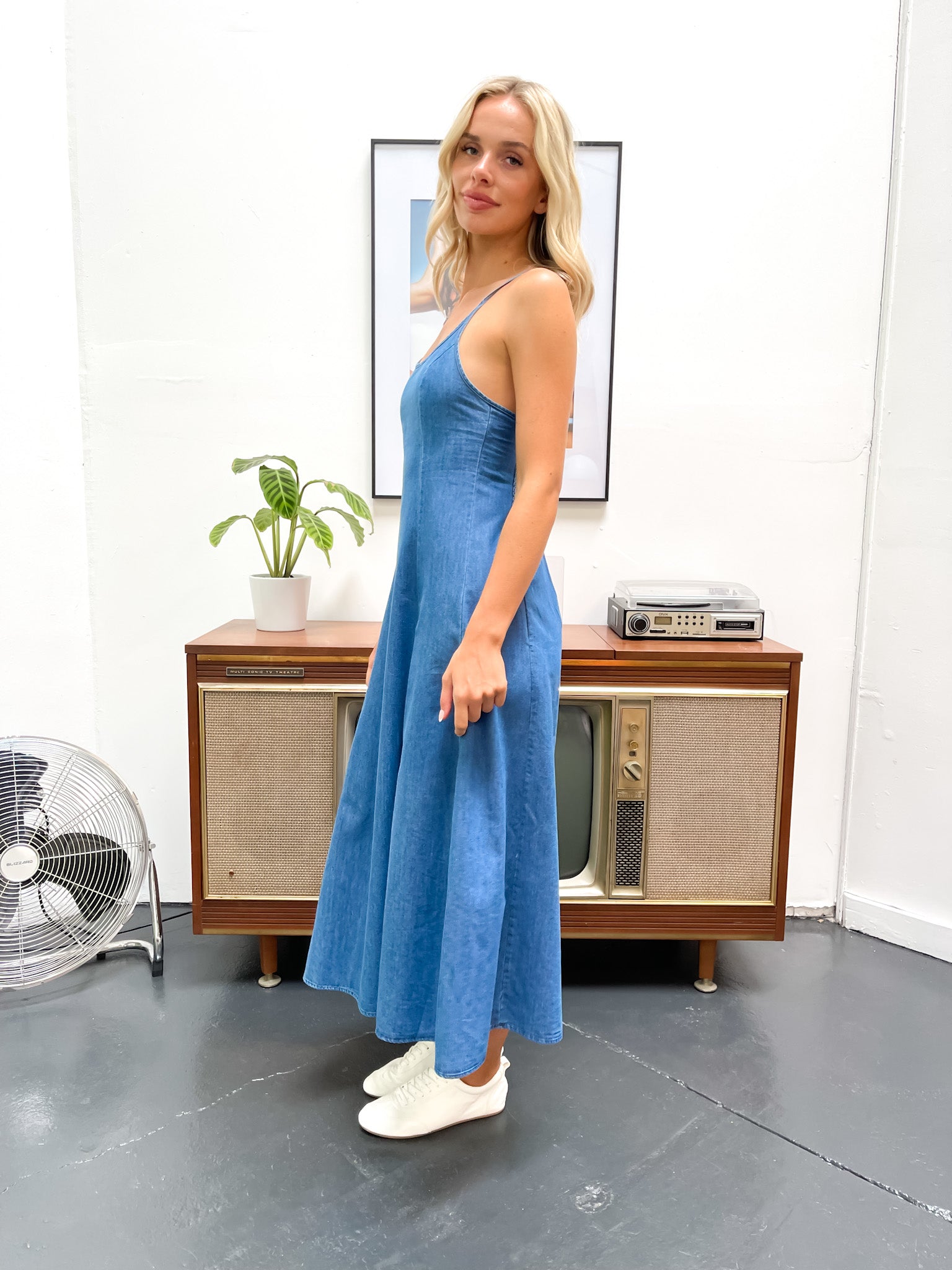 DENIM CRISS CROSS MAXI DRESS