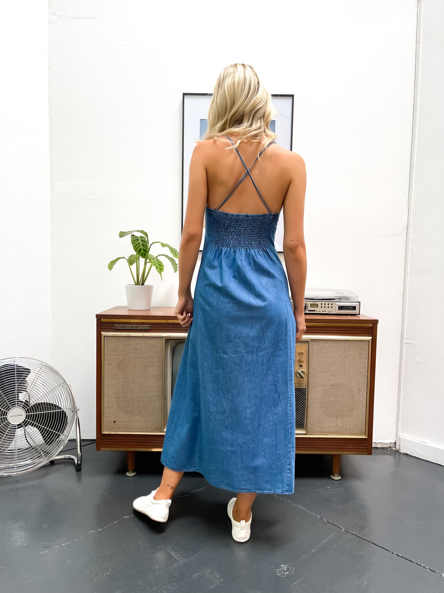 DENIM CRISS CROSS MAXI DRESS