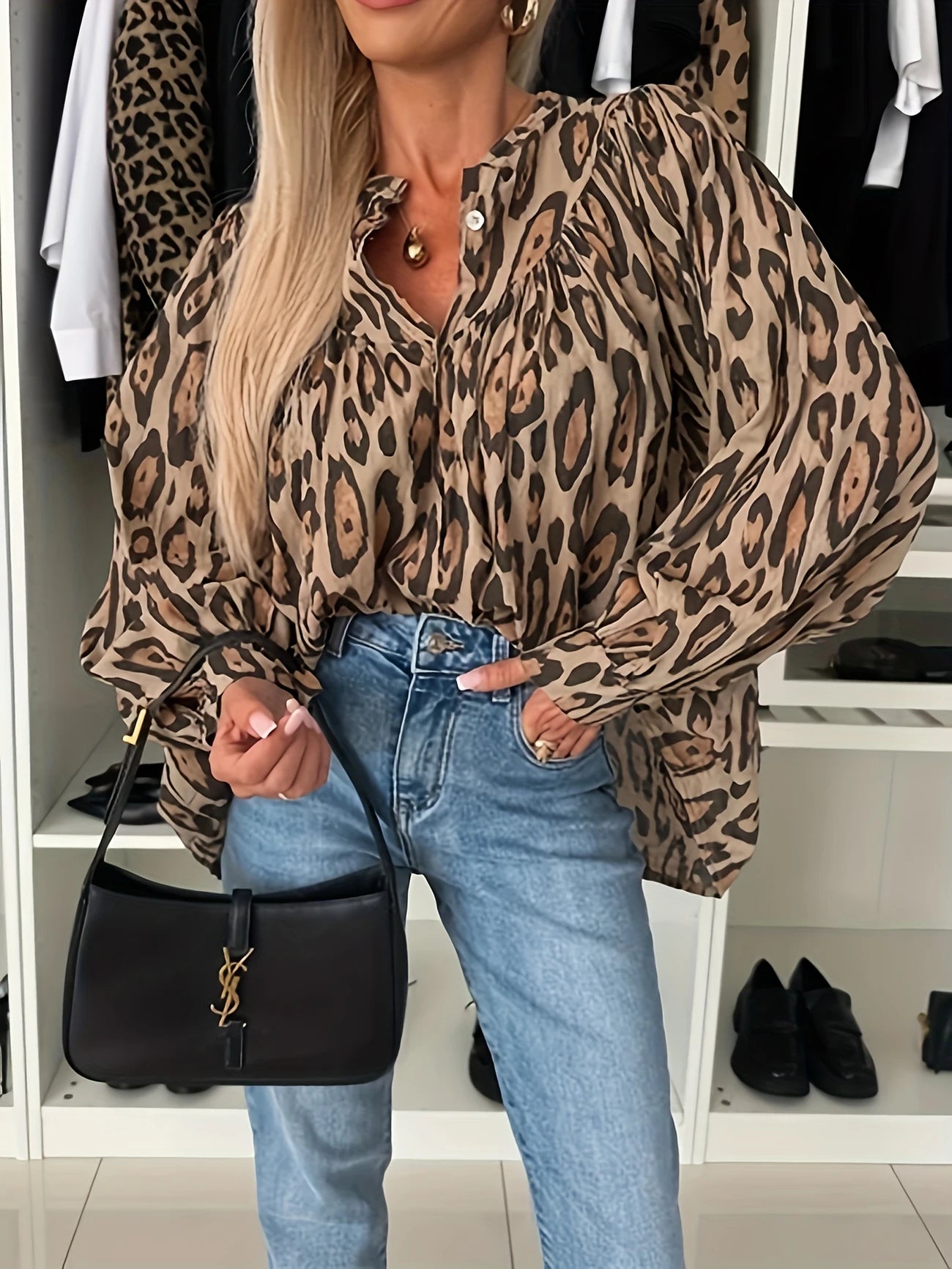 Leopard Print Puff Sleeves Button Up Shirt
