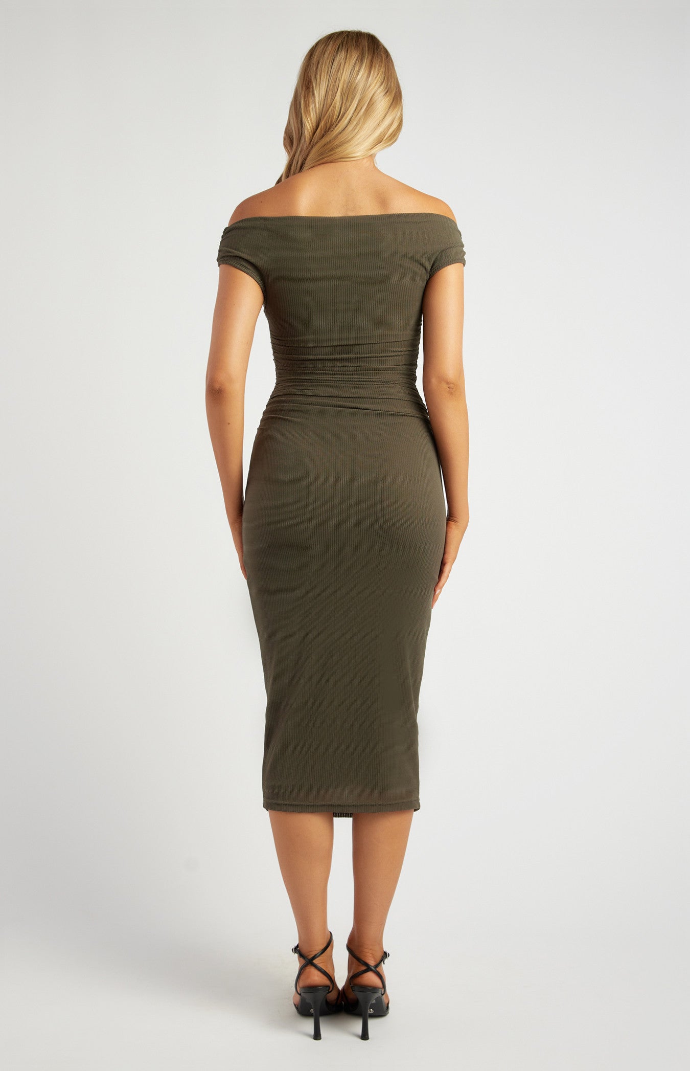 Off Shoulder Textured Mesh Midi Dress