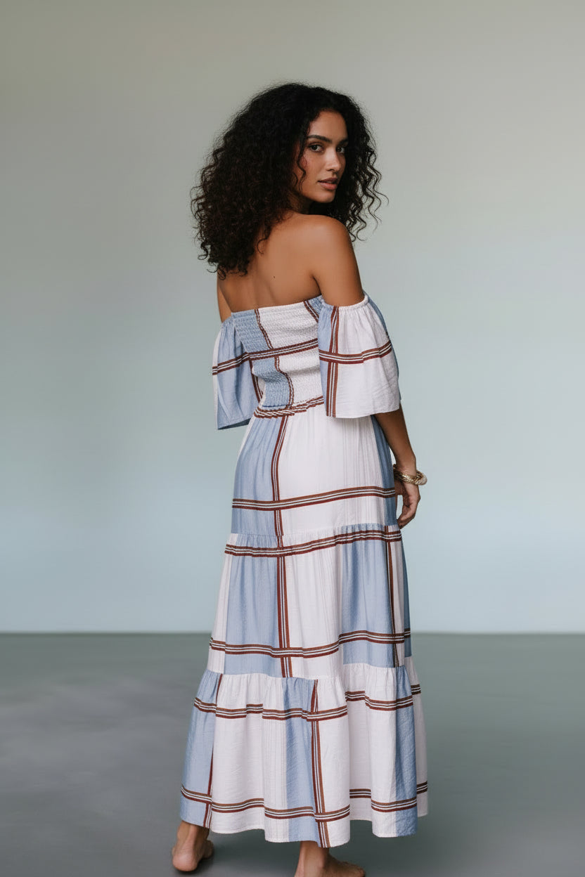 CHECK OFF SHOULDER MAXI DRESS