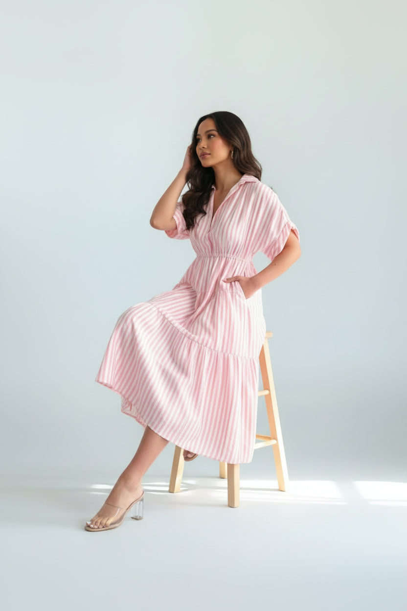 IMOGEN GATHERED SLEEVE STRIPE DRESS