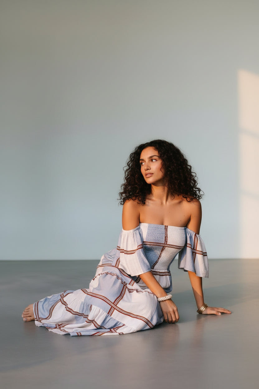 CHECK OFF SHOULDER MAXI DRESS