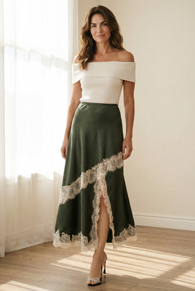 LACE CONTRAST BIAS SATIN SKIRT
