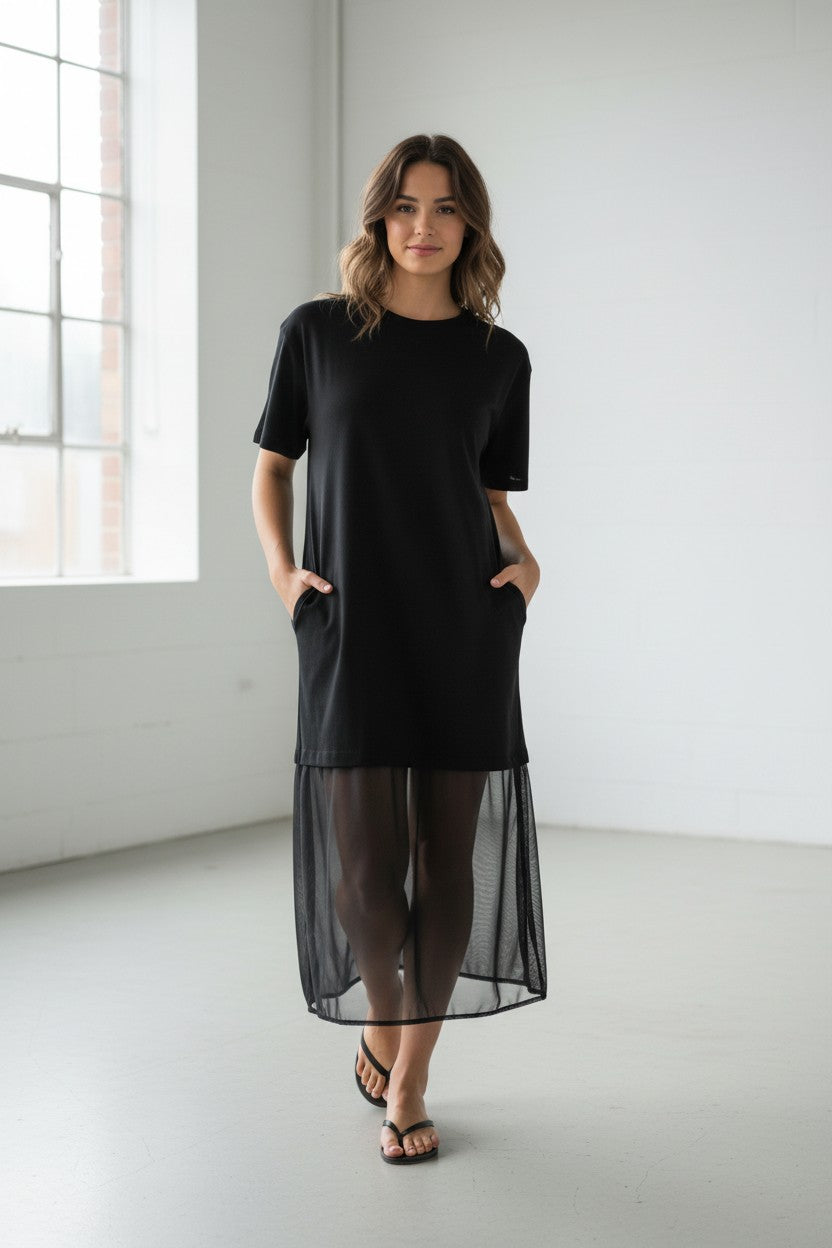 CONTRAST SHEER TEE DRESS