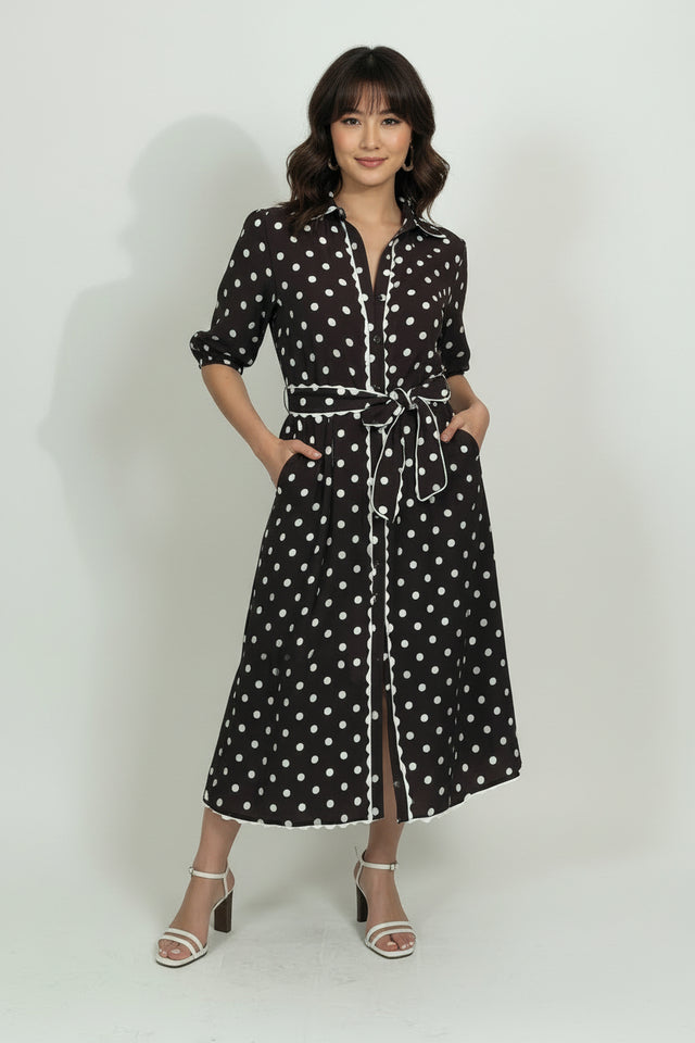 RICKY TRIM SPOT DRESS- RED AND CHOCOLATE