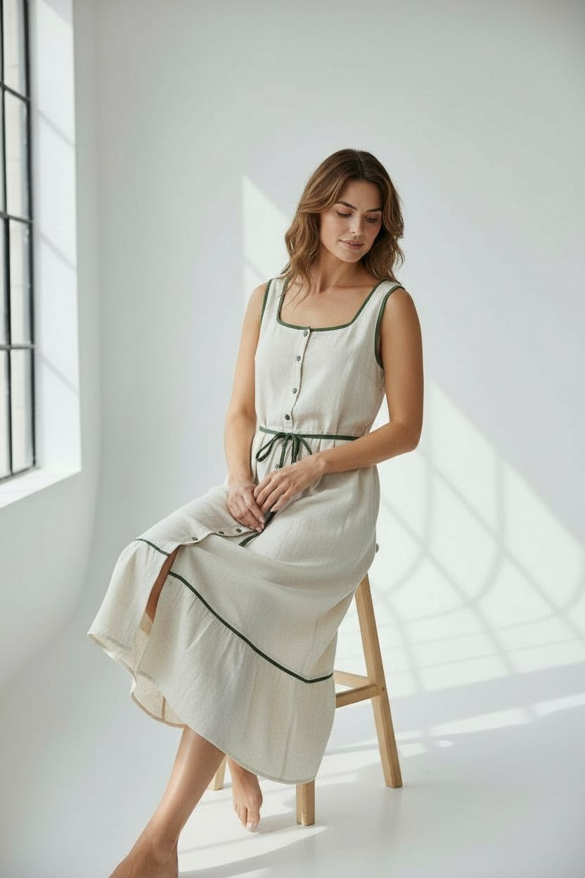 TRIM LINEN TIER MIDI DRESS