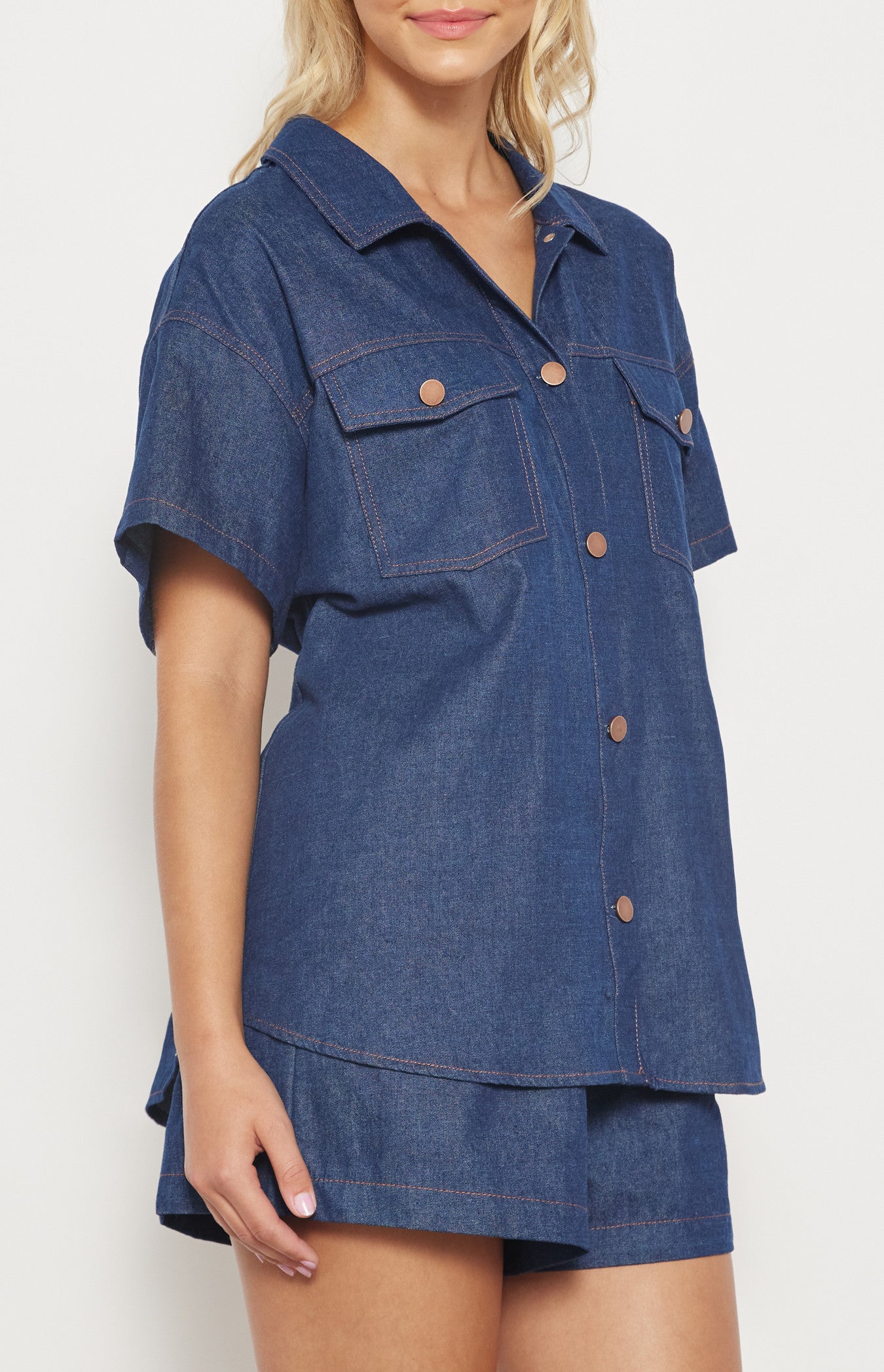 Contrast Stitching Chambray Shirt and Shorts Set