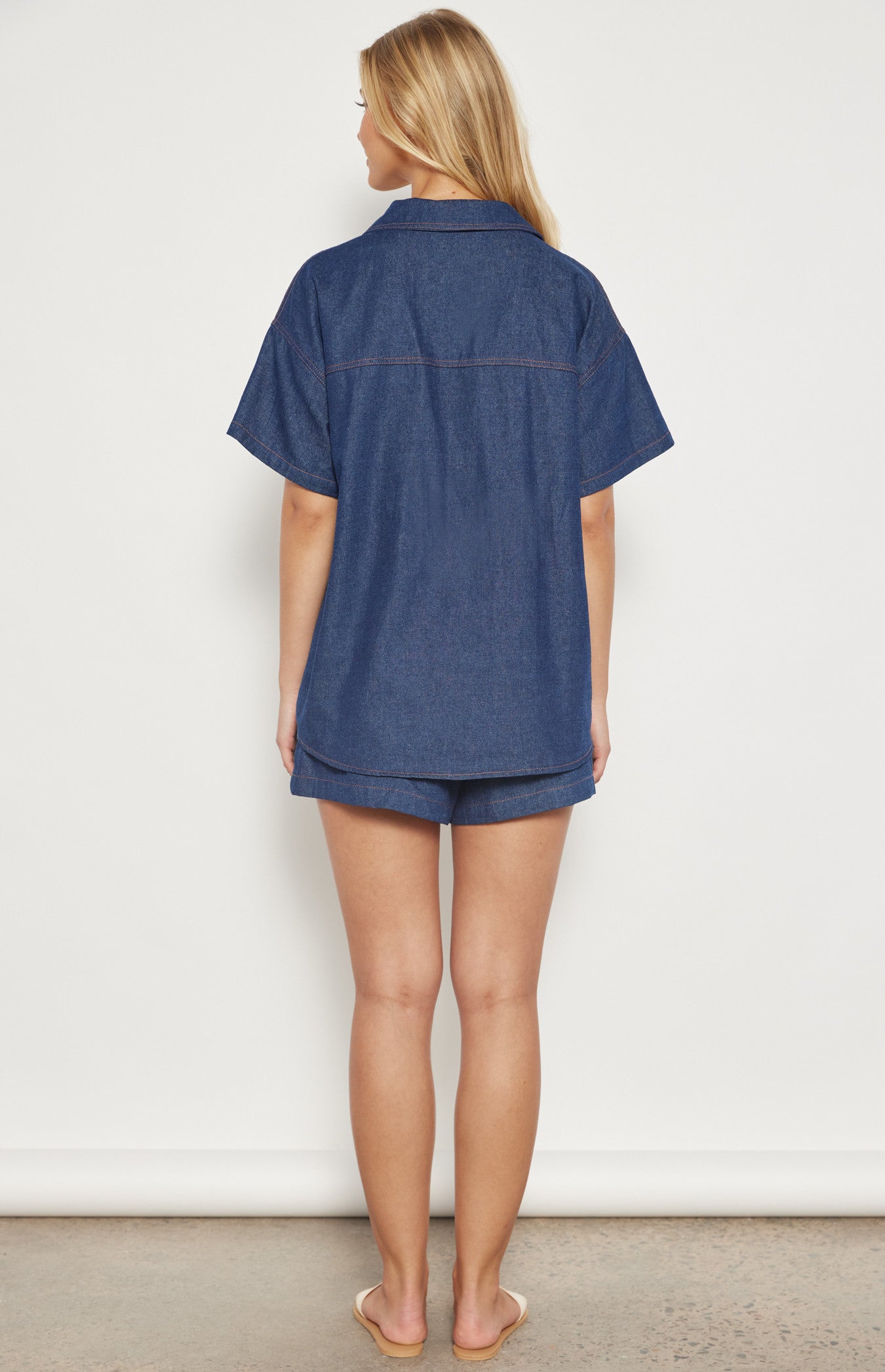 Contrast Stitching Chambray Shirt and Shorts Set