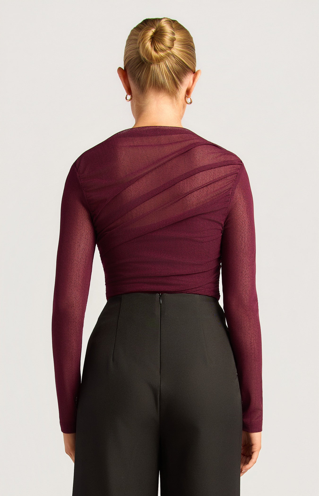 Asymmetric Hem Ruched Detail Sheer Mesh Top