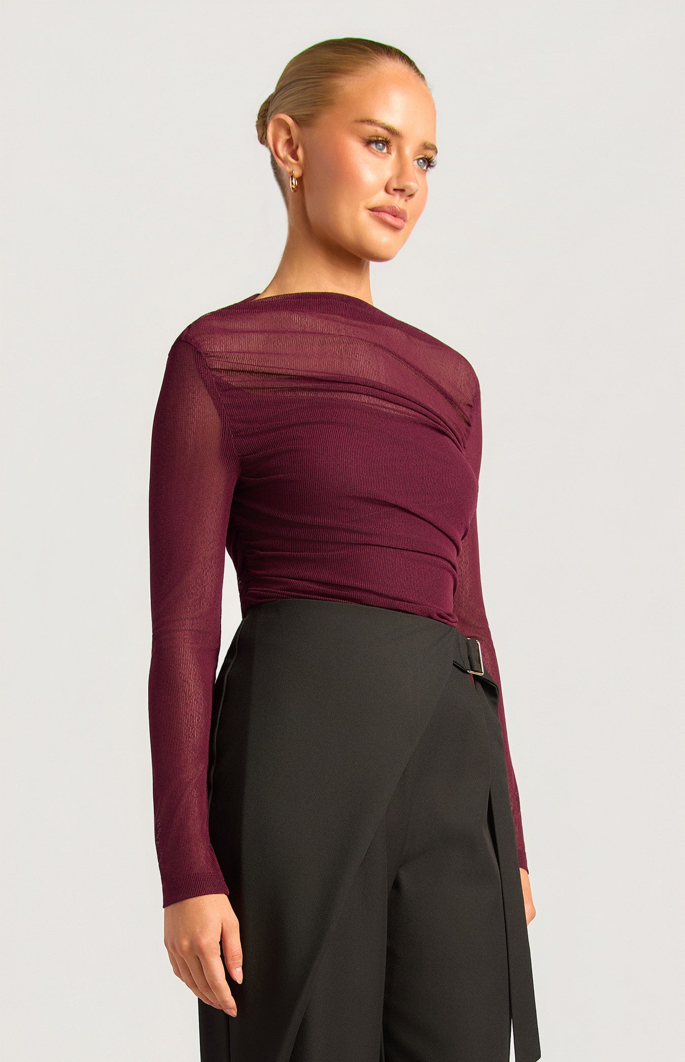 Asymmetric Hem Ruched Detail Sheer Mesh Top