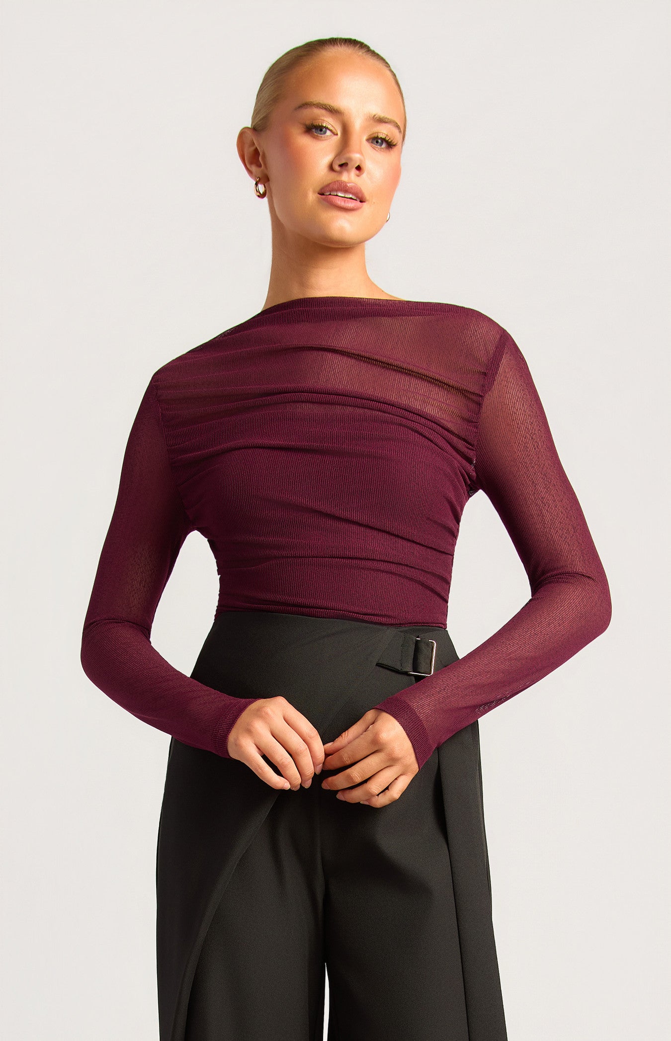 Asymmetric Hem Ruched Detail Sheer Mesh Top