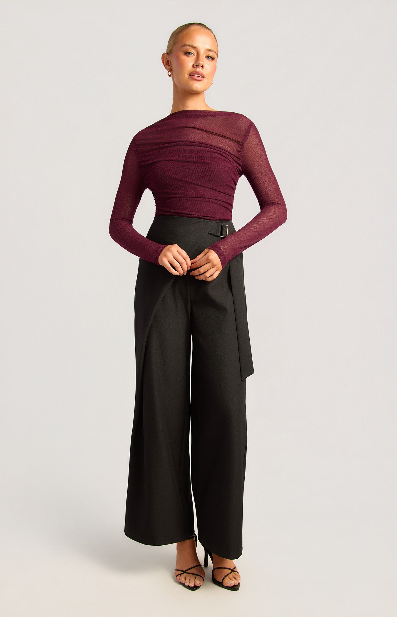 Asymmetric Hem Ruched Detail Sheer Mesh Top