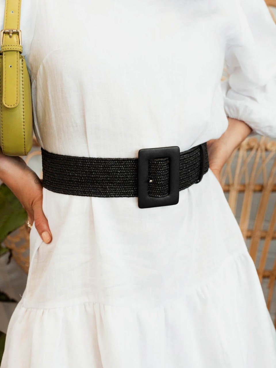 AMRITA LEATHER BUCKLE STRAW BELT